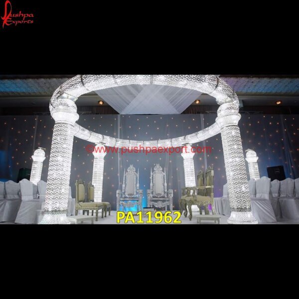 Wedding Mandap Chairs With White Metal Pillars PA11962 White Metal Manufacturers, White Metal Mandap, White Metal Wedding Mandap, Mandap Decoration Ideas, Wedding Mandap Decorations, White Metal Wedding Arch, Wedding Mandap Background.jpg