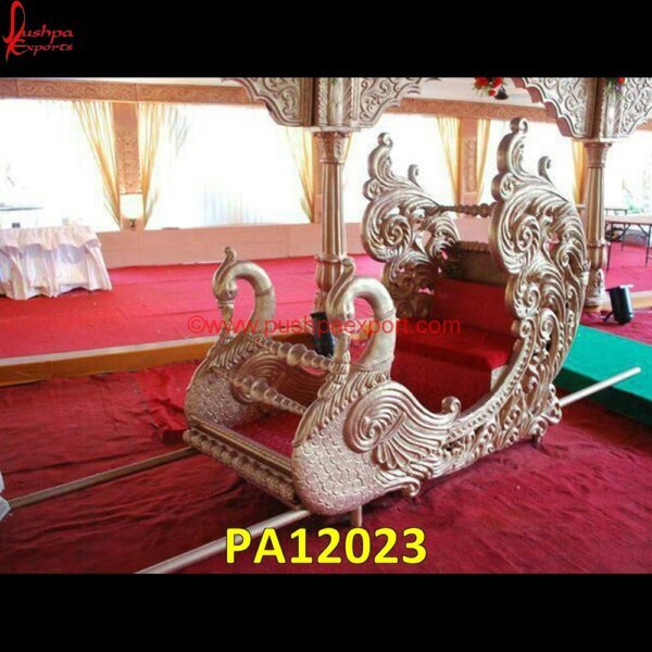 Peacock Carved White Metal Wedding Palki PA12023 White Metal Wedding Arch, White Metal Doli, White Metal Palki, White Metal Wedding Doli, White Metal Wedding Palki, Lotus Shape White Metal Wedding Palki, White Metal Palki For Queen.jpg