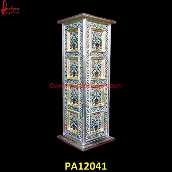 Meenakari Side Stand PA12041 corner tables, hand carved pillars, home décor, nightstand, round side table, side tables, small side tables, white metal corner stands, white metal corner tables, white metal piller.jpg