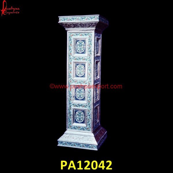 Meenakari White Metal Side Stand PA12042 hand carved pillars, home décor, nightstand, round side table, side tables, small side tables, white metal corner stands, white metal corner tables, white metal pillars, white metal.jpg