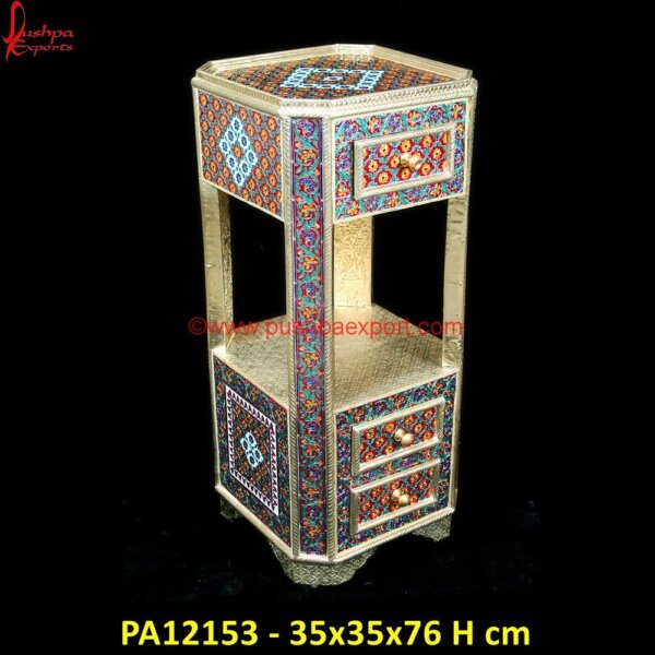 Meenakari White Metal Bedside Table PA12153 black silver bedside table, carved bedside cabinet, corner bedside cabinet, hand carved bedside table, luxury bedside cabinets, round silver bedside table, silver 2 drawer bedside.jpg