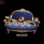 Brass Metal Hand Carved Wooden Sofa with Blue Velvet