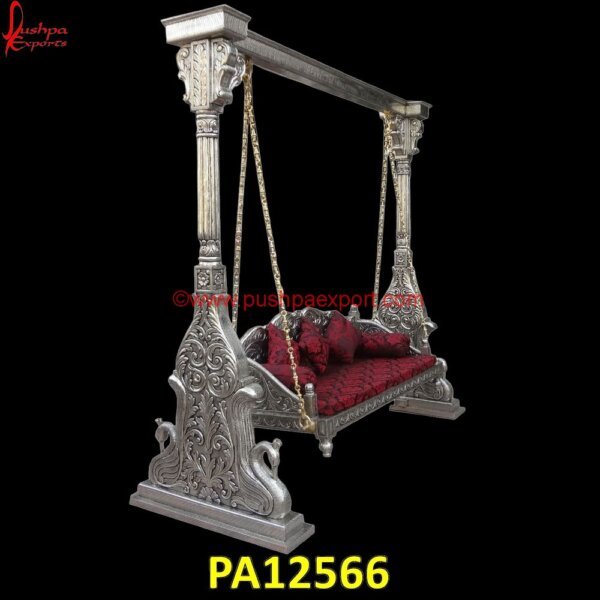 Silver Metal Polished Wooden Carved Swing PA12566 White Metal Swing Frame, White Metal Swing, White Metal Products, White Metal Jhula, White Metal Handicrafts, White Metal Furniture Udaipur, Carved Swing, Carved Wood Indoor Swing.jpg"