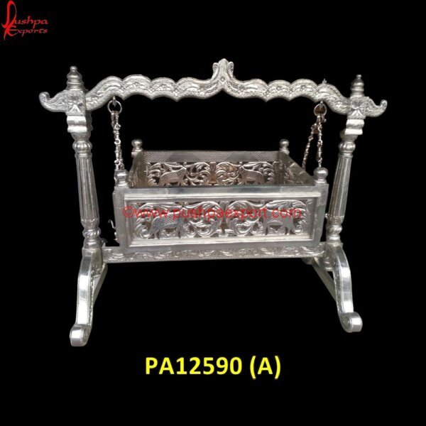 Carved White Metal Baby Swing PA12590 (A) Silver Wooden Carved Swing, White Metal Swing Stand, White Metal Swing Set, White Metal Swing Frame, White Metal Swing, White Metal Products, White Metal Jhula, White Metal Handicrafts.jpg"