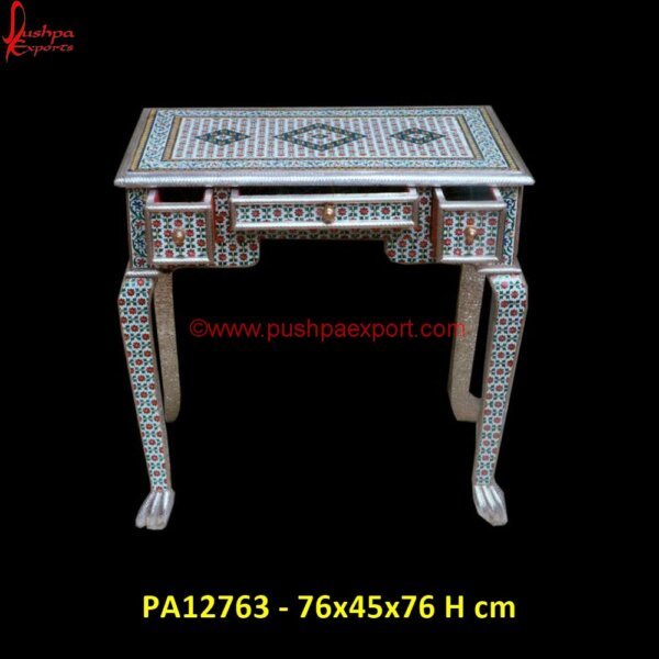 Meenakari White Metal Dressing Table PA12763 White Metal Accent Table, White Metal Bar Table, White Metal Bedside Table, White Metal Desk With Drawers, White Metal Dressing Table, White Metal Drum Table, White Metal Furniture, Whit.jpg"