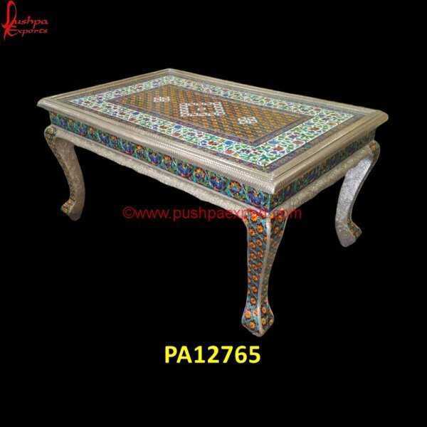 Brass Metal Coffee Table in Meenakari PA12765 White Metal Desk With Drawers, White Metal Dressing Table, White Metal Drum Table, White Metal Furniture, White Metal Nesting Tables, White Metal Round Coffee Table, White Metal Round.jpg"