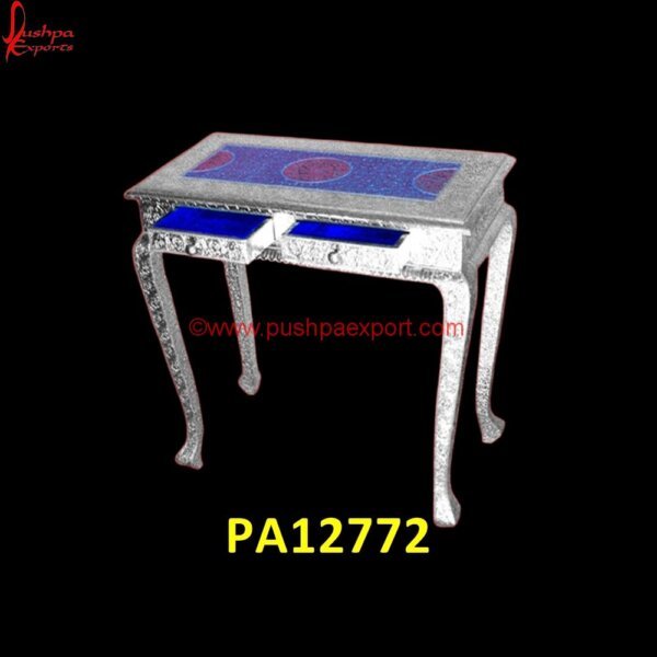 Silver Metal Desk With Drawers PA12772 White Metal Table Legs, White Metal Vanity Table, White Metal Writing Desk, Metal Table Legs, Carved Wood Coffee Table, Carved Nightstand, Round Silver Coffee Table, Silver Coffee Table.jpg"