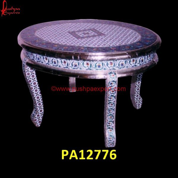 Meenakari Round Coffee Table PA12776 Carved Wood Coffee Table, Carved Nightstand, Round Silver Coffee Table, Silver Coffee Table, Silver Console Table, Silver End Table, Silver Lamp Tables, Silver Side Table, Silver Table.jpg"