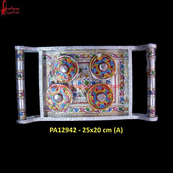 Silver Mukhwas Tray PA12942 (A)carved trays, decorative tray silver, hand carved tray, metal and wood round tray, metal silver tray, metal tray with wooden handles, metal wood tray, oval silver tray, round metal.jpg