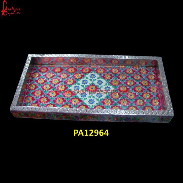 Silver Meenakari Decorative Tray PA12964white metal serving tray, white metal tray with handles, white metal trays, white round metal tray, wooden decorative tray, wooden serving tray, wooden tray with handles, wooden tray.jpg