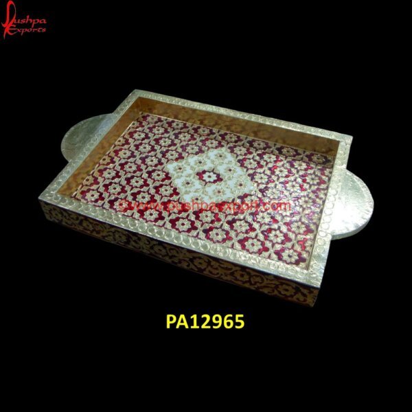 Red And Gold Meenakari Tray PA12965 white metal tray with handles, white metal trays, white round metal tray, wooden decorative tray, wooden serving tray, wooden tray with handles, wooden trays, antique oval silver  tary.jpg