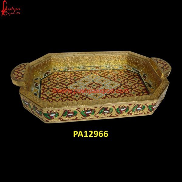 Golden Meenakari Art Tray PA12966 white metal trays, white round metal tray, wooden decorative tray, wooden serving tray, wooden tray with handles, wooden trays, antique oval silver tray, antique silver platter,.jpg