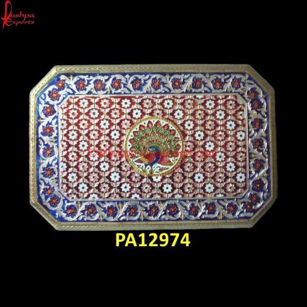 Meenakari Decorative Brass Tray PA12974 antique oval silver tray, antique silver platter, antique silver serving tray, antique silver tray, antique silver tray with handles, carved serving tray, carved trays, decorative.jpg