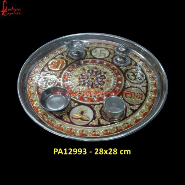 Meenakari Work Pooja Thali PA12993 silver decorative tray, silver dry fruit tray, silver metal tray, silver plated tray, silver rectangle tray, silver trays, vintage silver tray, white metal round tray, white metal.jpg