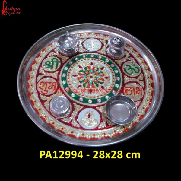 Meenakari Style Pooja Thali PA12994 silver dry fruit tray, silver metal tray, silver plated tray, silver rectangle tray, silver trays, vintage silver tray, white metal round tray, white metal serving tray, white metal.jpg