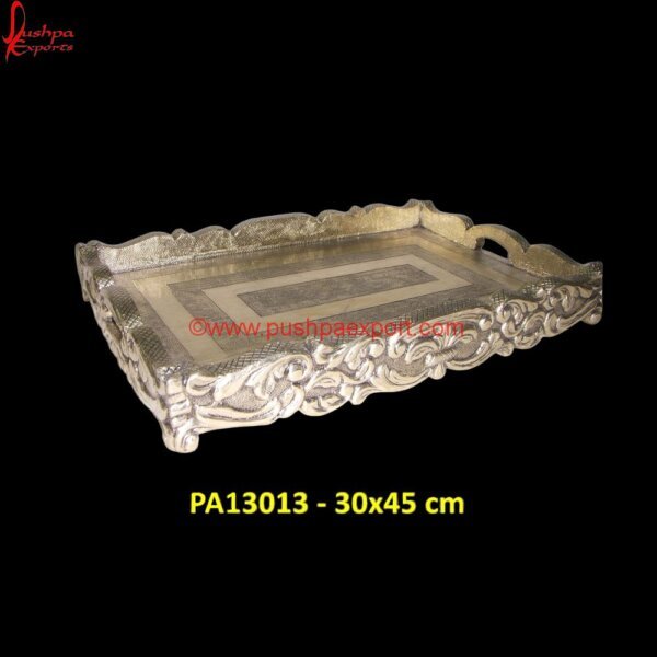 Antique White Metal Serving Tray PA13013 antique silver tray with handles, carved serving tray, carved trays, decorative tray silver, hand carved tray, metal and wood round tray, metal silver tray, metal tray with wooden.jpg