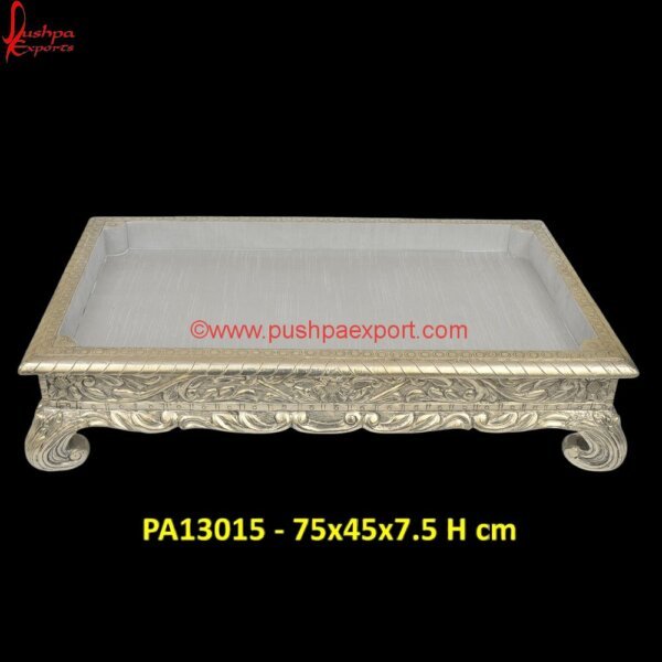 White Metal Tray With Antique Finish PA13015 carved trays, decorative tray silver, hand carved tray, metal and wood round tray, metal silver tray, metal tray with wooden handles, metal wood tray, oval silver tray, round metal.jpg