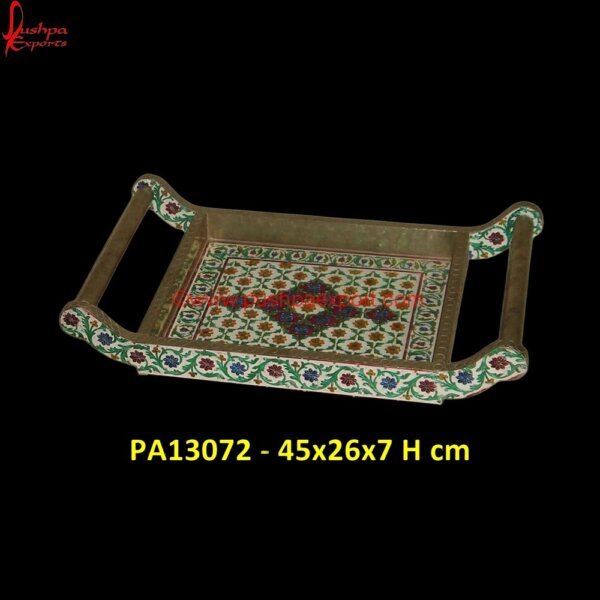 Meenakari White Metal Serving Tray PA13072 vintage silver tray, white metal round tray, white metal serving tray, white metal tray with handles, white metal trays, white round metal tray, wooden decorative tray, wooden serving.jpg