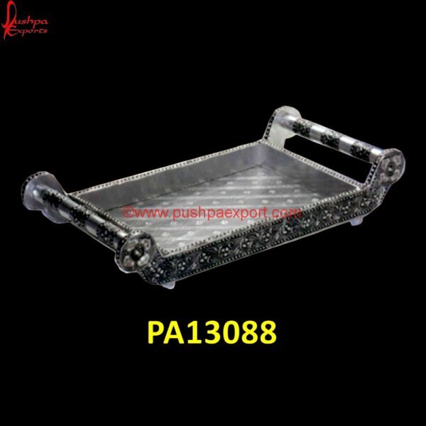 White Metal Dry Fruit Tray With Handle PA13088 carved serving tray, carved trays, decorative tray silver, hand carved tray, metal and wood round tray, metal silver tray, metal tray with wooden handles, metal wood tray, oval silver.jpg