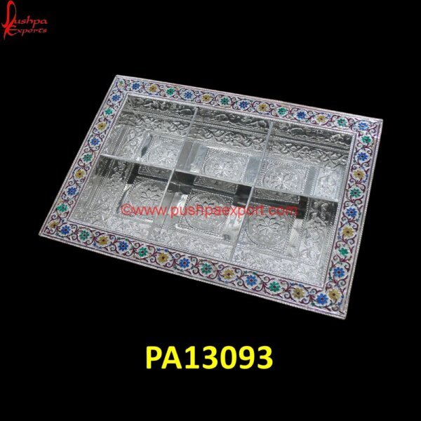 Silver Carved Serving Tray PA13093 metal silver tray, metal tray with wooden handles, metal wood tray, oval silver tray, round metal and wood tray, round white metal tray, round wood decorative tray, rustic serving.jpg